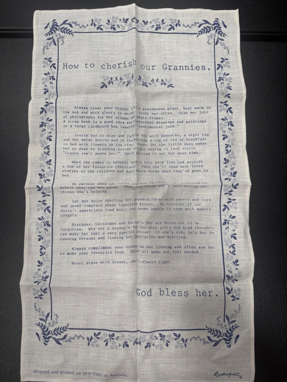 How to Cherish Our Grannies Linen Tea Towel - White with Blue Print